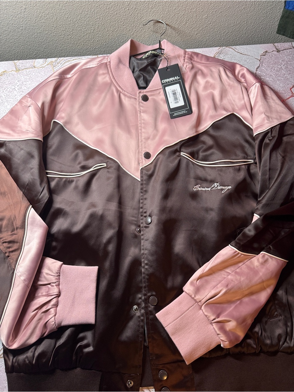 Criminal Damage Pink & Brown Satin Varsity Bomber Jacket